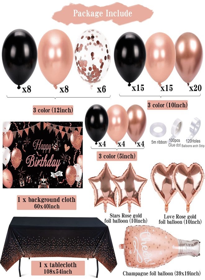 Winrayk Rose Gold and Black Happy Birthday Decorations for Women, Rose Gold Black Balloons Arch & Backdrop Tablecloth Foil Balloons, Women 20th 30th 40th 50th Birthday Party Decorations - Image 2